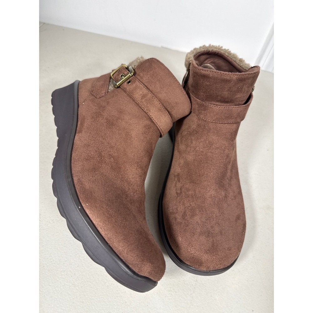 Bzees LifeStride Women Brown Faux Suede Shearling Trim Ankle Boot Wedge Sole 11W